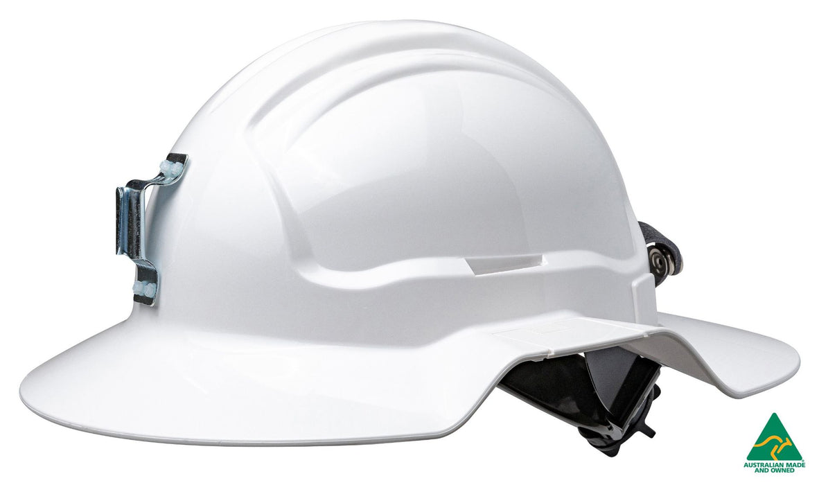 White Broadbrim hard hat Non-Vented w/ metal miners bracket