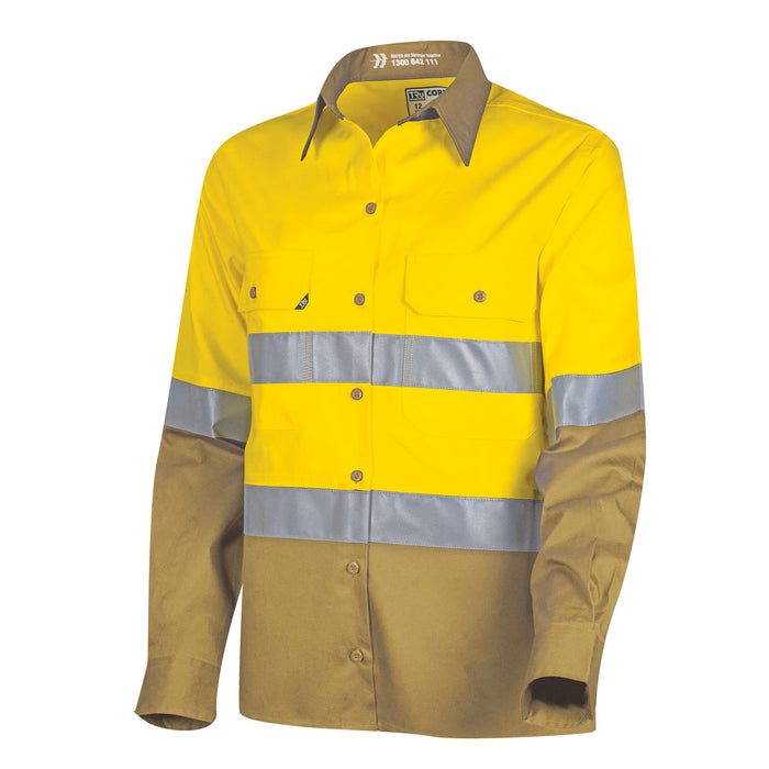 Lightweight Womens Hi-Vis Shirt with Reflective Tape Khaki/ Navy