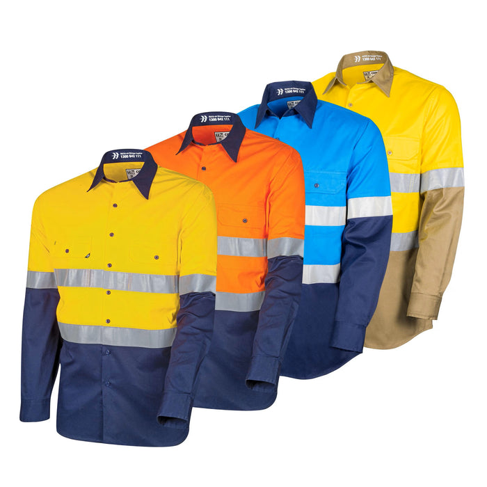 Lightweight Vented Hi-Vis Drill Shirt with Reflective Tape-Yellow/Khaki
